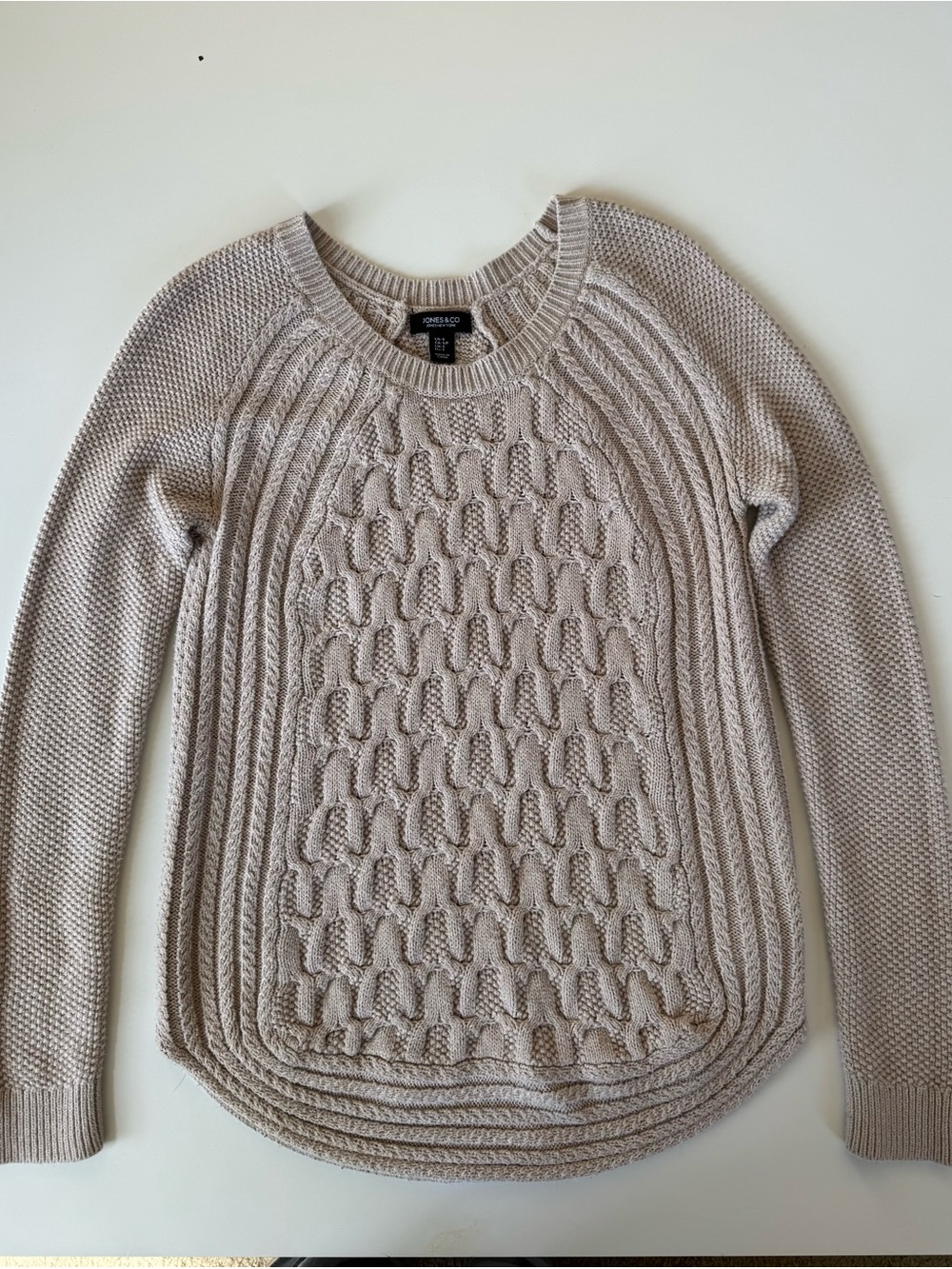 Women’s Jones New York Cableknit Chunky Sweater Crewneck Cozy Tunic Small Beige
